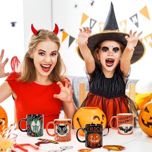 Whaline 4Pcs Halloween Mug Pumpkin Black Cat Bat Skeleton Coffee Mug