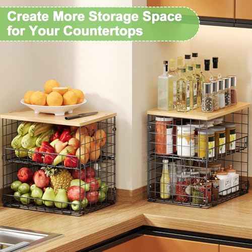 4 Pack Stackable Wire Pantry Baskets with Wooden Tops
