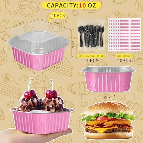 40 Pack 10oz Mini Cake Pans with Lids,Pink Aluminum Foil Cake Tins