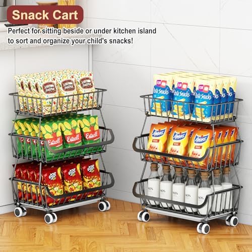3-Tier Rolling Pantry Cart with Wheels, Stackable Wire Storage Floor Organizer for Kitchen Pantry Snack Shelves, Fruit Basket Stand, Vegetable Storage Rack for Food Snacks Onion Potato