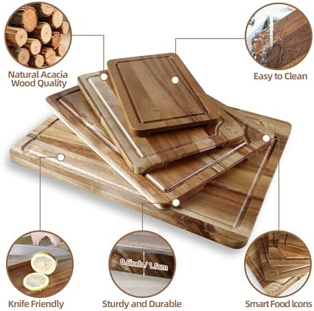 Labeled Cutting Board Set of 4, Wood Chopping Boards with Food Icons