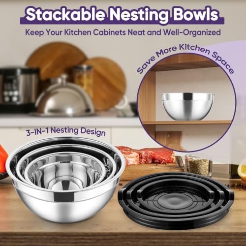 Herogo Stainless Steel Mixing Bowls with Lids Set of 3, 1.5/3/4.6Qt