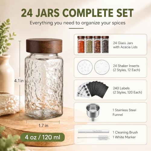 24 Pack 4oz Hammered Glass Spice Jars with Wood Lids, Dual Shaker