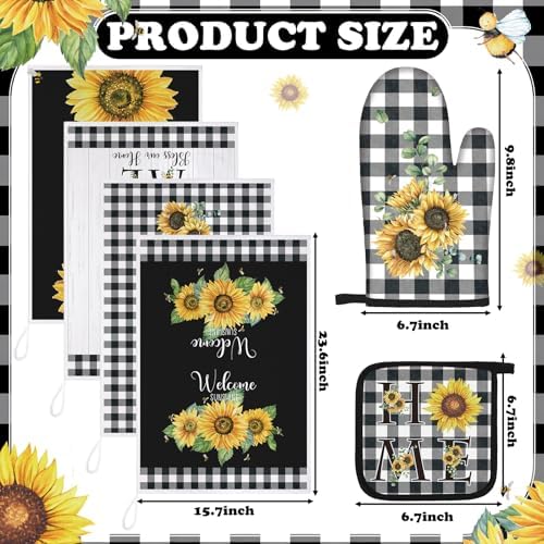 Leinuosen 8 Pcs Sunflower Plaid Kitchen Towels Dishcloths Accessories