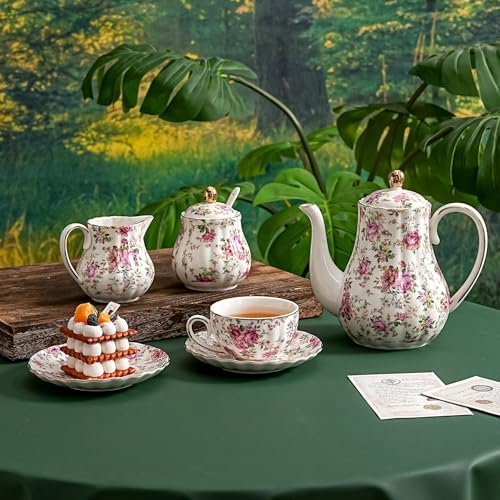 Agyiuns Tea Cup and Saucers, 6.4oz Floral Tea Cups with Gold Trim