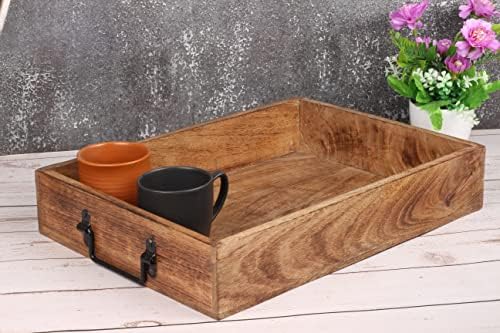 Wooden Decorative Serving Tray with Metal Handles | Wood Trays for