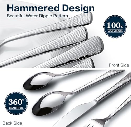 65 Pcs 18/10 Steel Silverware Set with Serving Utensils, Hammered