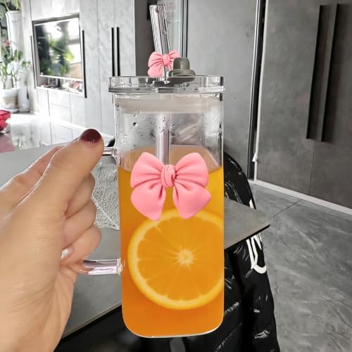 13Oz Square Glass Cups with Lids and Straws Cute Glass Tumbler with