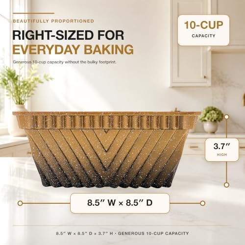 Square Fluted Tube Cake Pan, 10-Cup Compact Size, Dual-Tone Gold &