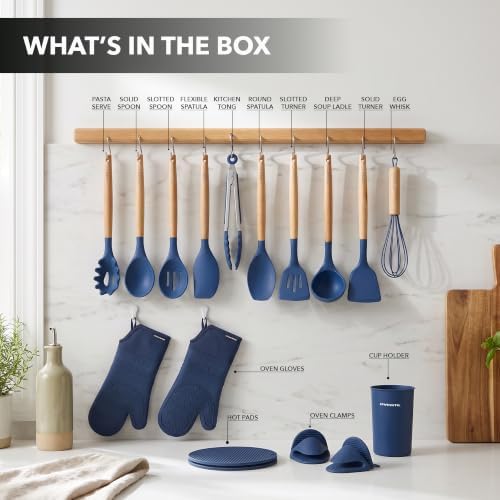 OVENTE Silicone Cooking Utensils Set, 17pcs, Heat Resistant, Blue