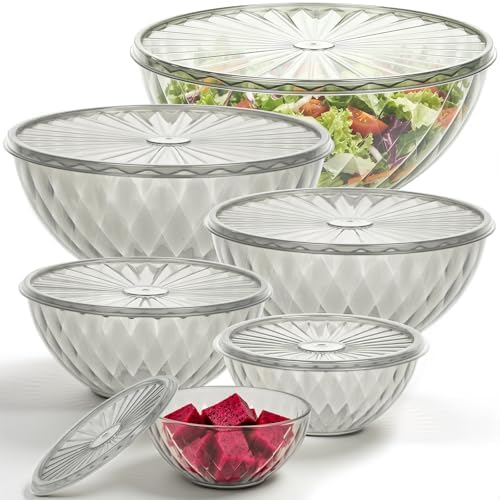 Plastic Mixing Bowls with Lids, 6 Piece Nesting Bowls Set for Kitchen