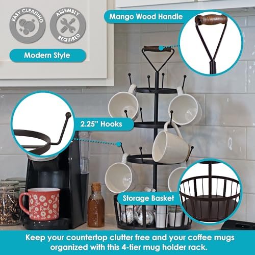 Sunnydaze 4-Tier Coffee Mug Tree with 12 Hooks - Dark Brown - 23-Inch