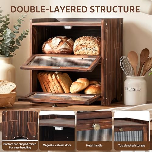 Wooden Bread Box with Acrylic Window for Kitchen Countertop