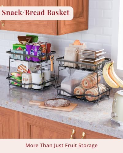 2-Tier Fruit Basket for Kitchen Counter with 2 Removable Banana Holders