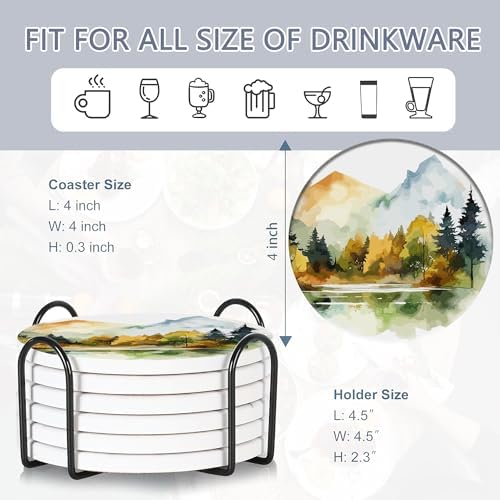 Table Coaster for Drinks Set of 6, Watercolor Misty Forest Round
