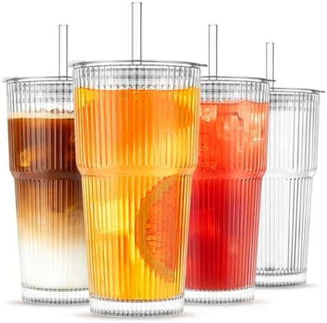 INSETLAN 20 oz Ribbed Glass Tumblers with Lids and Glass Straws