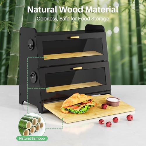 SNTD 2 Tier Bread Box for Kitchen Countertop, Adjustable Ventilation, Black