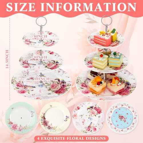 Dandat 4 Pcs 3 Tier Cake Stand Floral Ceramic Afternoon Serving Tray