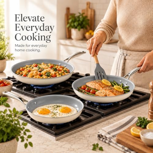 Kikcoin Ceramic Nonstick Frying Pans Set, 3 Piece Skillets