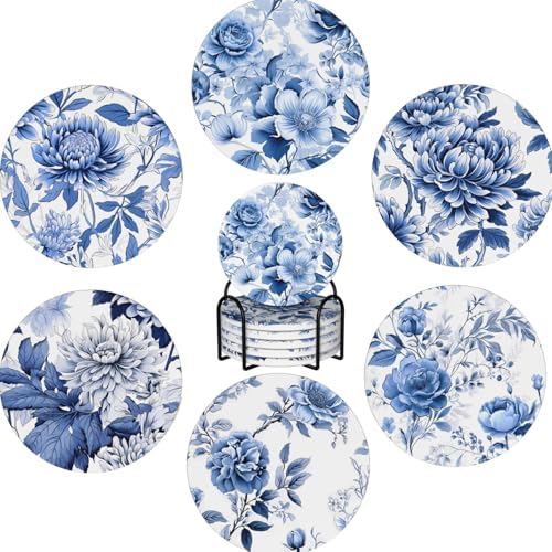 Coaster for Drinks Set of 6, Blue Vintage Spanish Ceramic Floral