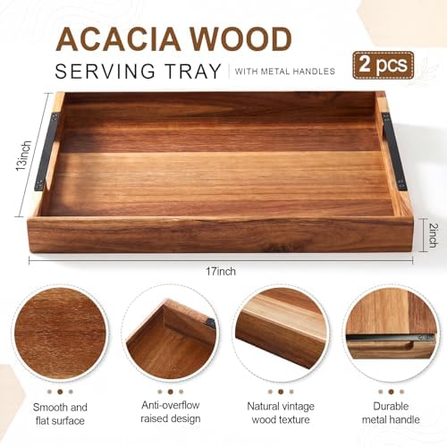 Sliner 2 Pcs Ottoman Trays, 17x13in Acacia Wood Serving Tray with