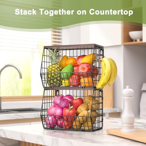 Wawocs Fruit Basket for Kitchen Counter 2 Tier Fruit Bowl, Stackable