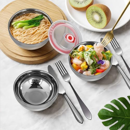 6 Set Stainless Steel Bowls for Kitchen,12oz Stainless Steel Bowl with Lids,Double Walled Insulated Soup Bowl, Metal Serving Eating Bowls for Snack,Cereal, Rice,Hot and Cold Food