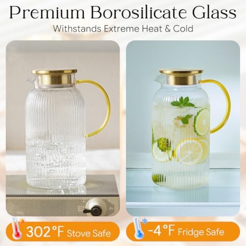 68 oz Glass Pitcher with Lid, Water Pitcher for Tea, Juice, Drink