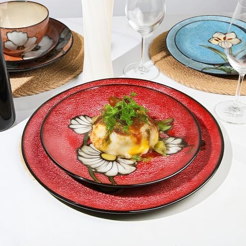 Plates and Bowls Sets,12 Pieces Kiln Changed Glaze Ceramic Dinnerware