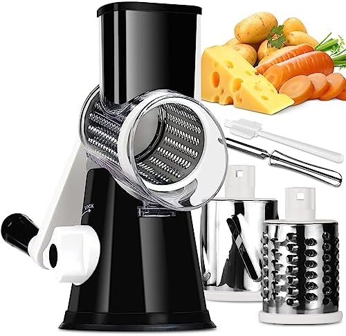 Rotary Cheese Grater with 3 Stainless Steel Blades, Black