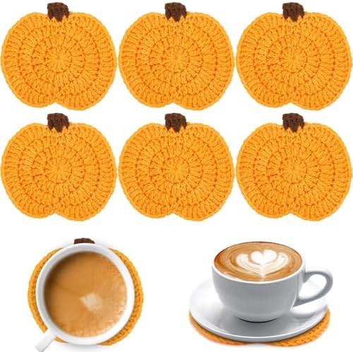 UPINS 6Pcs Pumpkin Crochet Coasters,Fall Themed Drinks Coasters Set