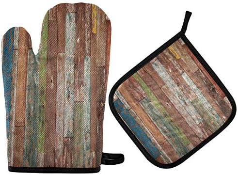 QMXO Colorful Watercolor Wooden Texture Oven Mitts Quilted Cotton