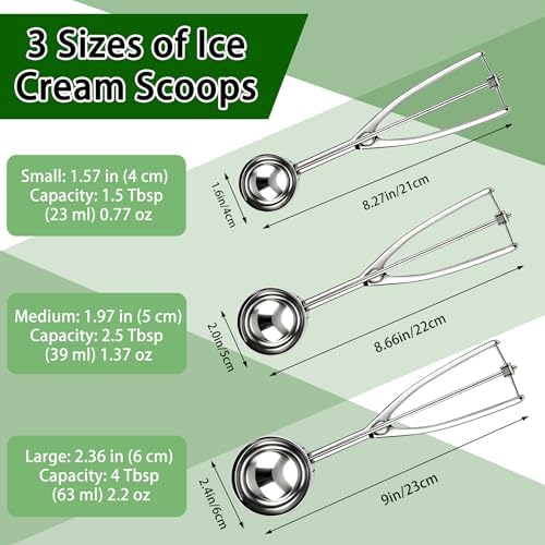 Ice Cream Scoop Set of 3, Stainless Steel Cookie Scooper for Baking