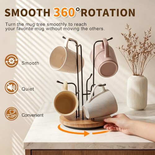 360° Rotating Coffee Mug Tree for Counter, Mug Holder with Wooden Base