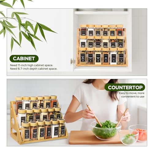 3 Tier Bamboo Spice Rack Organizer with 18 Empty 4 oz Glass Spice Jars