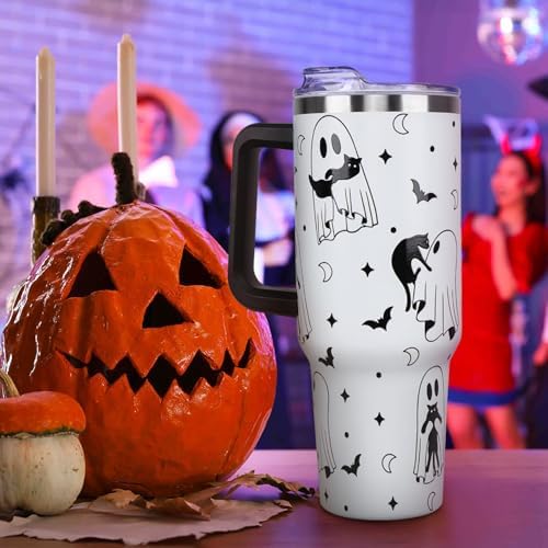 Halloween Tumbler with Lid and Straw 40oz,Gothic Ghosts Cat Vacuum