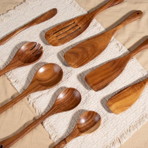 Wooden Spoons for Cooking, 9 Pcs Natural Teak Wood Kitchen Utensils