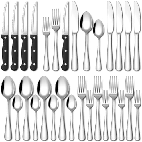 EUIRIO 24 Piece Silverware Set with Steak Knives Food Grade Stainless