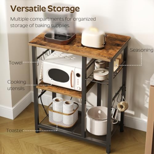 YATINEY Movable Bakers Rack with Charging Station, Rustic Brown