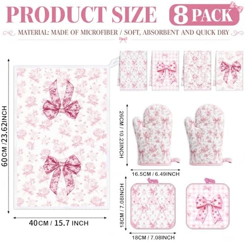 Pink Bows Kitchen Decor Set, 8 Pcs Coquettte Bow Home Accessories with