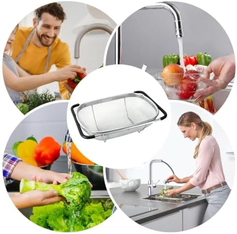Over Sink Colander Expandable Handle Fine Mesh Stainless Steel Sifter
