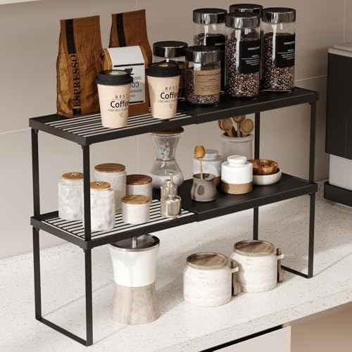 Magheo Expandable Kitchen Countertop Organizer, 2 Pack Stackable Cabinet Shelf Risers, Metal Spice Rack Heavy Duty Counter Organizer Storage for Kitchen, Pantry, Cupboard, Rv (8.7in Height,Black)