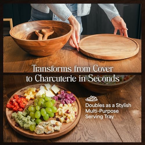 Public House Large Wooden Salad Bowl Set 12.5 Inch with Serving