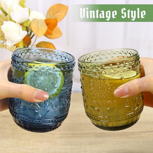 Topsky Vintage Drinking Glass Set of 6,12 oz Embossed Floral