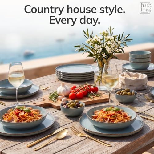 24 Piece Stoneware Dinnerware Set for 8, Handmade Plates and Bowls Set