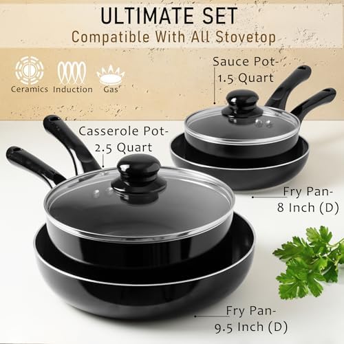 Moss & Stone 6 Pcs Black Nonstick Cookware Set, Induction Cookware
