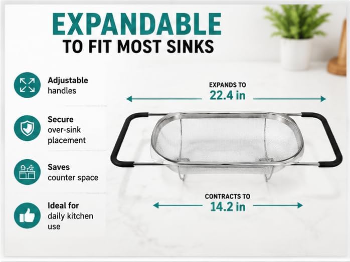 Expandable Over Sink Colander, Stainless Steel Mesh Strainer Basket