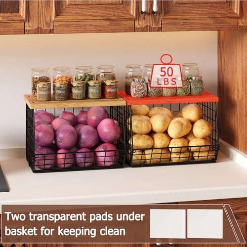 2 Set Stackable Wire Basket with Wooden Tops & Pad for kitchen