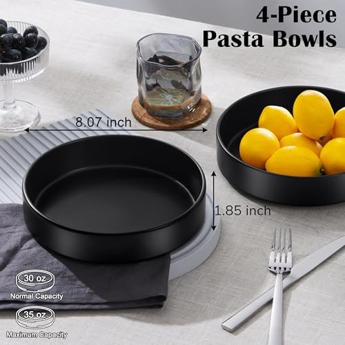 E-far Pasta Bowls Set of 4-35oz Shallow Ceramic Bowl Plates, Black