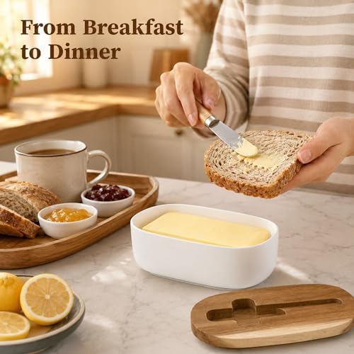 Butter Dish with Lid – Acacia Wood Cover & Ceramic Base, Butter Holder